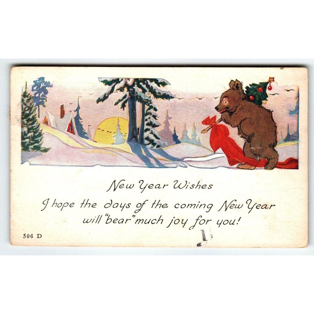 New Year Postcard Brown Bear Carries Decorated X-mas Tree Fantasy 1920 Ser 506